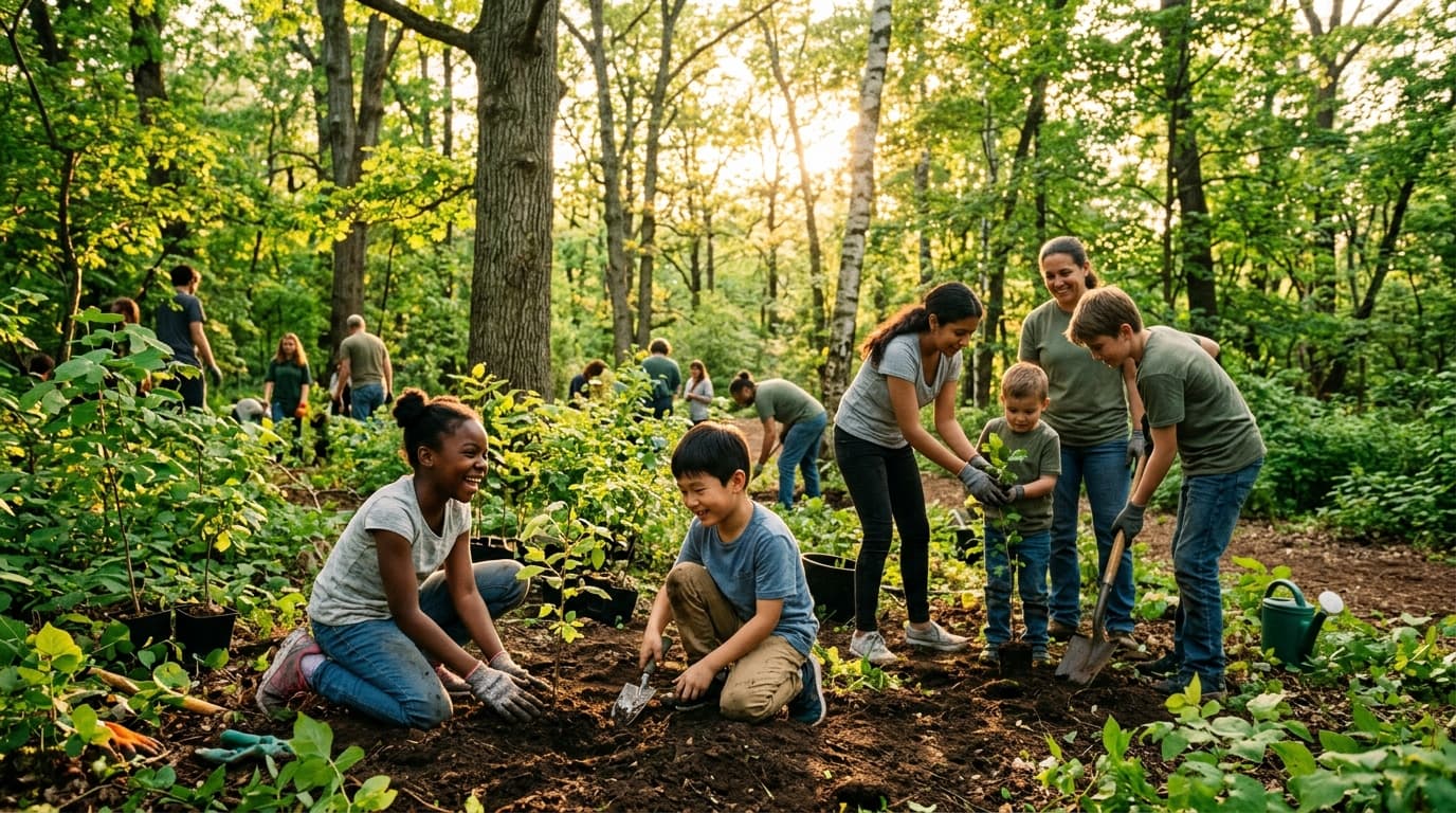 Young people participating in tree planting and outdoor environmental education